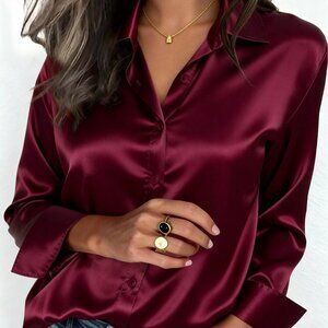 Burgundy Women's Casual  Business Button-Down Office Satin Blouse top